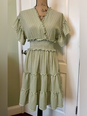 Max Studio Sage Green Gingham Midi Dress